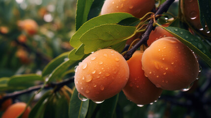 Ripe apricots with dew drops on the tree