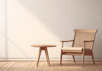 wooden armchair and wooden table in front of white wall realistic illustration in retro photo style