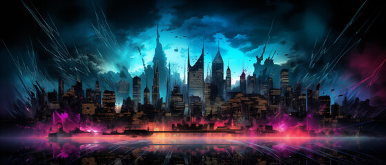 Apocalyptic Cityscape with Dark Sky and Pink Lightning