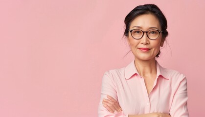 Confident 60s retired asian woman arms crossed, standing isolated over pink background.