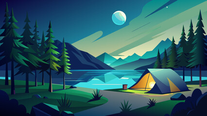 Serene Lakeside Camping Scene Under Moonlight