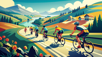 Scenic Countryside Bicycle Race on Sunny Day with Vibrant Landscape