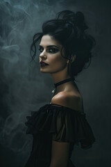 Portrait of a Mysterious Gothic Queen in Black Dress Against Moody and smoky Tone
