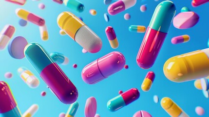 Levitating pills, capsules  pharmacy, antidepressant, and vitamin concept for search relevance