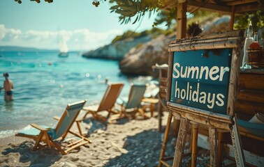 Bar by the sea with billboard for summer holidays, mediterranean summer seaside bar, seaside bar with lounge chairs and cocktails, european holidays, mediterranean travel