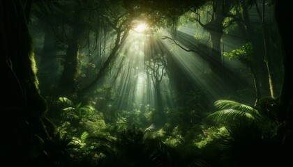 Dark Rainforest with Sun Rays, Generative AI

