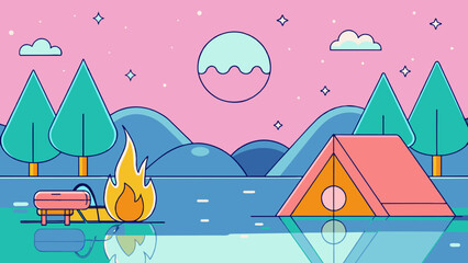 Serene Lakeside Camping Scene at Twilight with Tent and Campfire
