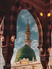 General view green dome and Moorish pattern arches of Nabawi mosque in Al Madinah, Kingdom of Saudi...