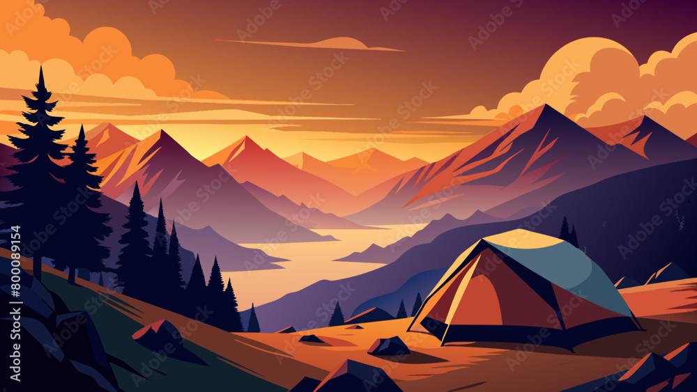 Wall mural Serene Sunset Camping by the Mountains Illustration - Wall murals