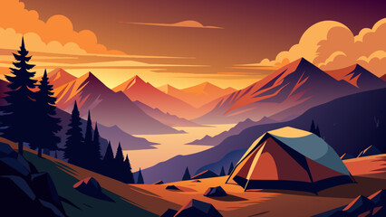 Serene Sunset Camping by the Mountains Illustration
