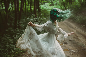 Fototapeta premium woman with green hair in a white vintage dress dancing in the forest,motion blur, a full body shot, with natural dramatic lighting, on a summer day, mavka, forest spirit