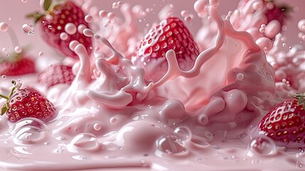 Powerful milk liquid explosion with strawberries