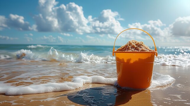 A breezy shining beach with foaming blue ocean waves and an idyllic blue sky setting depicts an array of sand in an orange bucket and space, Generative AI.