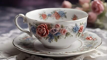  A delicate porcelain tea cup adorned with floral patterns sitting on a lace doily