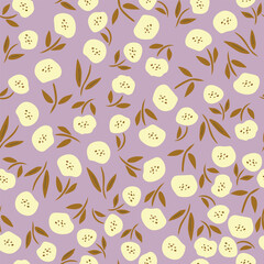 A lot of small  flowers, and  leaves vector illustration on purple background.	
