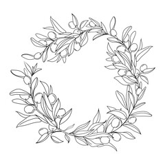 Realistic olive branches round frame wreath Line art drawing.Delicate hand drawn Olive Twigs.Botanical floral label, wreath outline drawn design element.Vector illustration sketch style