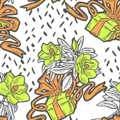 Gift box, ribbon and flowers seamless vector pattern for wrapping present with bow, party celebration, sale promotion, Textile print, fabric design, banner background. Hand drawn style illustration.