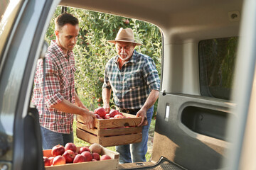 Two men carrying a crate full of apples to the car