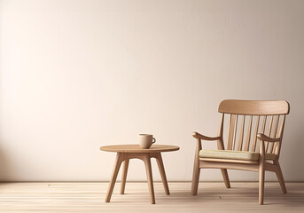 wooden armchair and wooden table in front of white wall realistic illustration in retro photo style