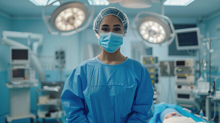 Fototapeta na wymiar Young female nurse stands in operating room in modern hospital