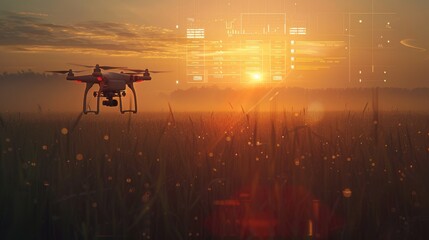 Agricultural drone flying above morning wheat fields with digital interface display