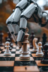 Close up view of an artificial intelligence robot s hand deeply engaged in strategic chess moves