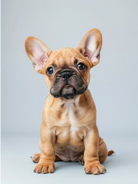 A light brown French Bulldog puppy with big ears, sitting on the floor and looking at the camera against a light grey background in a professional photography studio shot