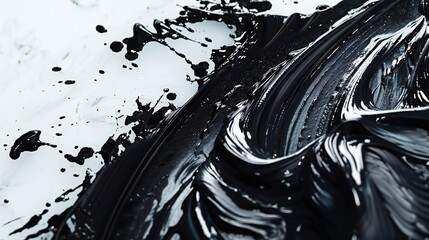 Vibrant black brush strokes of oil paint creating mesmerizing patterns on a pristine white canvas.