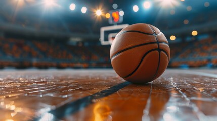 A detailed view of a basketball lying on a shiny wooden court with blurred arena lights in the...