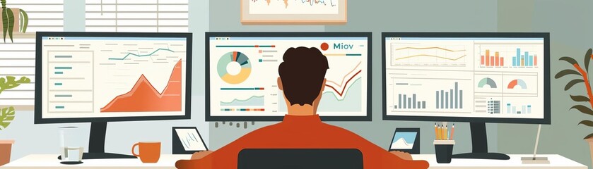 Online business owner optimizing SEO through analytics tools, dual screens, welllit room, wide angle