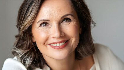 Naklejka premium The pleasant-looking middle-aged woman, smiling towards the camera in close-up