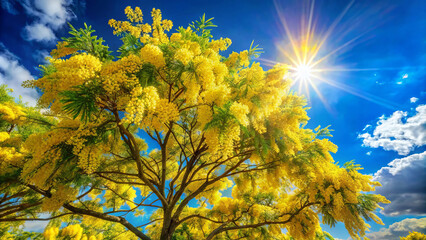 Yellow acacia on blue sky background