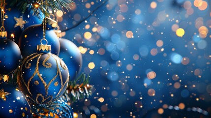 Elegant blue Christmas baubles adorned with gold patterns hang from a tree, against a magical bokeh light background.
