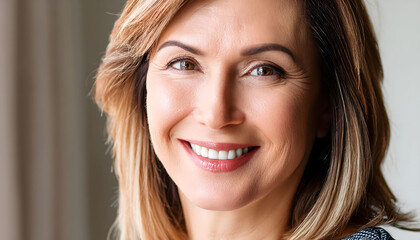 The pleasant-looking middle-aged woman, smiling towards the camera in close-up