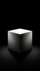 one cube silhouette in the centre, and nothing else. White cube in black background. Flat, symmetrical. 