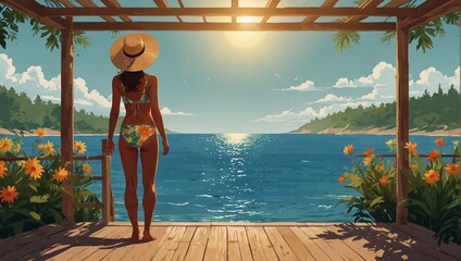 summer landscape of a woman standing on a pier decorated with beautiful flowers and leaves. background for banner, poster, social media, web. generative ai