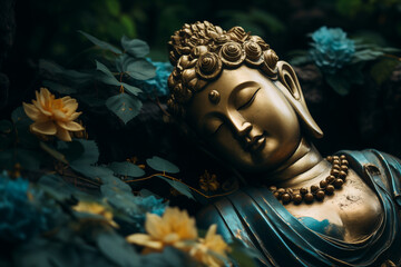A golden Buddha statue with closed eyes, surrounded by blue and green flowers, exudes tranquility and peace.