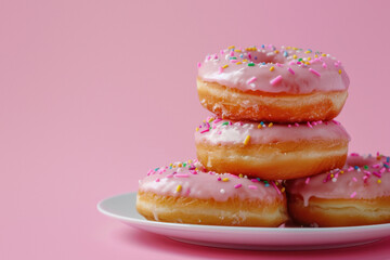 A scrumptious stack of pink donuts with colorful sprinkles on a classic white plate