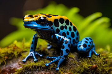 Fototapeta premium Photograph of a blue and yellow patterned frog with black spots, sitting on moss in the rainforest. A macro shot.