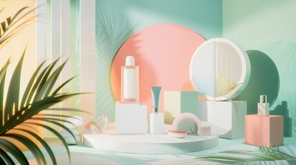 Chic cosmetic mockup platform featuring geometric shapes and pastel hues for a summery feel.