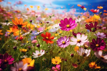 Fototapeta na wymiar Colorful cosmos flowers in the meadow with blue sky background