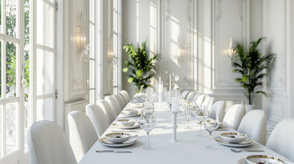 Pristine banquet hall: Elegant dining setup, ideal for high-class events and catering services.