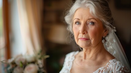 Naklejka premium Timeless bridal beauty: Deep in thought, perfect for classic romance and marriage themes.