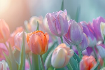 A close-up of mixed color tulips in soft morning light, highlighting the delicate texture of the petals and the vibrant contrast of colors