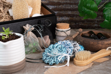 Eco-friendly, spa gift box filled with sustainable, skin or health care supplies.