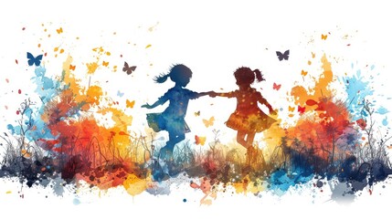 Two children playing watercolor splashes on a white background