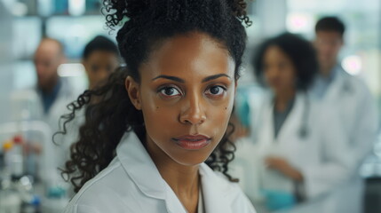A high-resolution photo of a diverse team of scientists in a lab setting, with a female researcher as the focal point, her concentration illustrating the meticulous nature of scientific investigation 