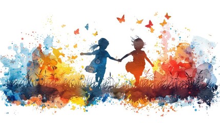 Two children playing watercolor splashes on a white background