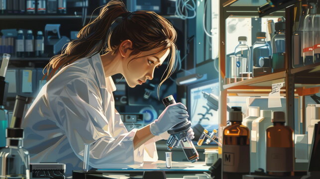 An inspirational image for a STEM campaign featuring a young scientist immersed in her work, the details of the lab equipment and her attentive posture emphasizing education  