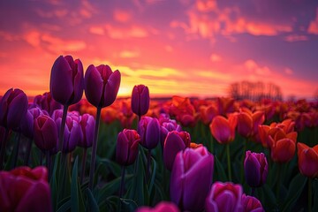 A dramatic sunset scene over a field of tulips, with the sky ablaze in shades of orange, pink, and purple - obrazy, fototapety, plakaty